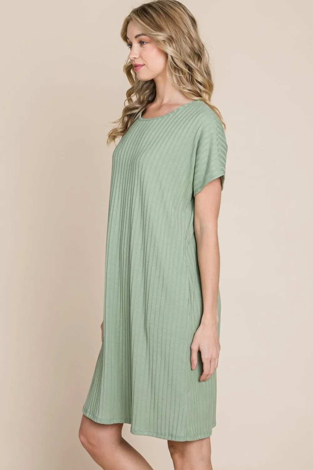 BOMBOM Ribbed Round Neck Short Sleeve Dress - Trendsi - Flyclothing LLC