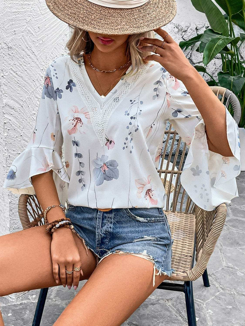 Ruffled Printed V-Neck Half Sleeve Blouse - Trendsi - Flyclothing LLC