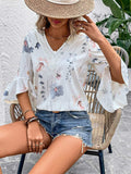 Ruffled Printed V-Neck Half Sleeve Blouse - Trendsi - Flyclothing LLC
