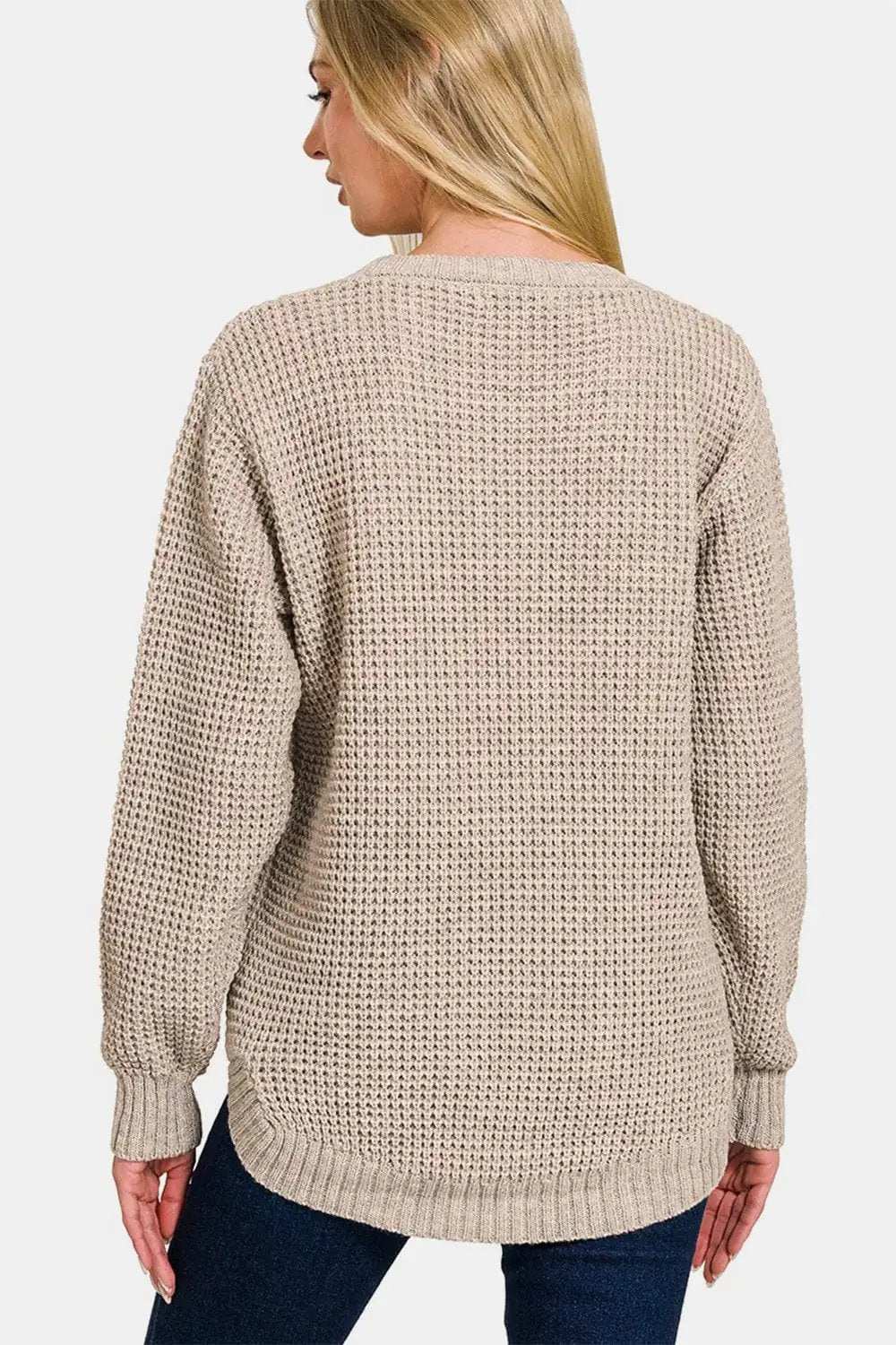 Zenana High Low Long Sleeve Waffle Sweater - Trendsi - Flyclothing LLC