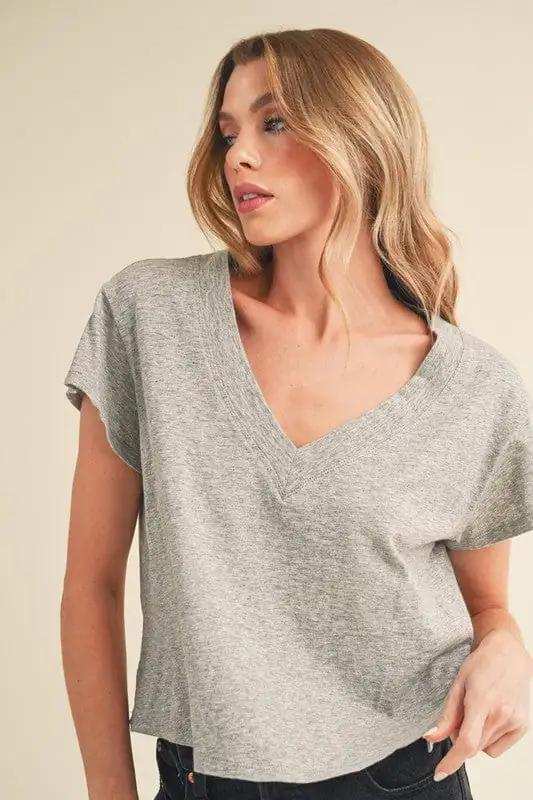 Aemi + Co Side Slit V-Neck Short Sleeve Cropped T-Shirt - Trendsi - Flyclothing LLC