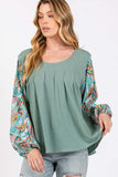 SAGE + FIG Ruched Round Neck Printed Bubble Sleeve Top - Trendsi - Flyclothing LLC