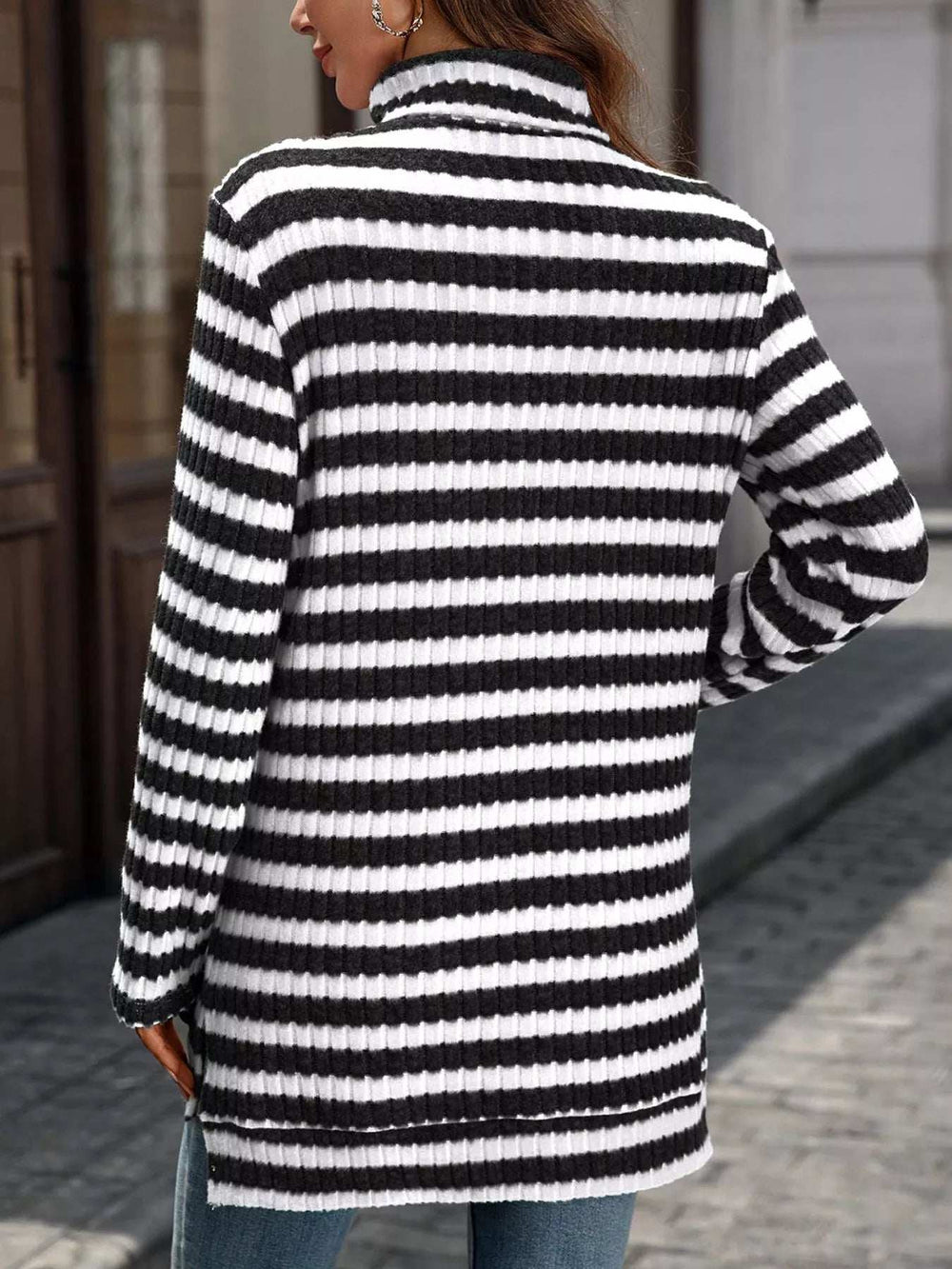 Striped Turtleneck Long Sleeve Knit Top - Trendsi - Flyclothing LLC