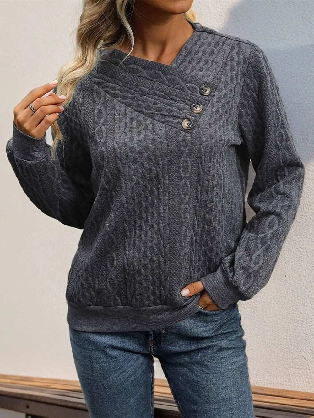 Decorative Button Long Sleeve Sweatshirt - Trendsi - Flyclothing LLC