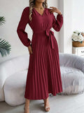 Pleated Tied V-Neck Long Sleeve Dress - Trendsi - Flyclothing LLC