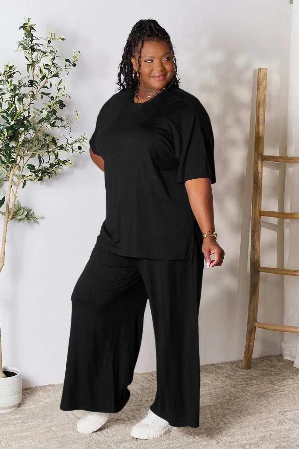 Double Take Full Size Round Neck Slit Top and Pants Set - Trendsi - Flyclothing LLC