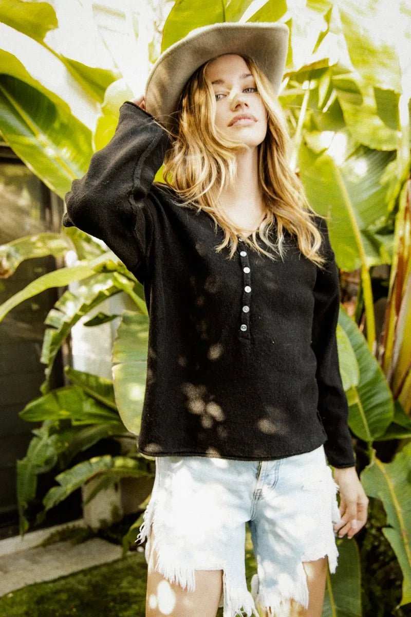 BiBi V Neck Sweater Top With Button Details - Trendsi - Flyclothing LLC
