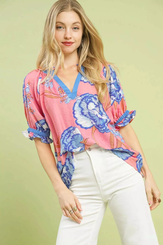 Umgee Floral V-Neck Puff Sleeve Blouse - Trendsi - Flyclothing LLC