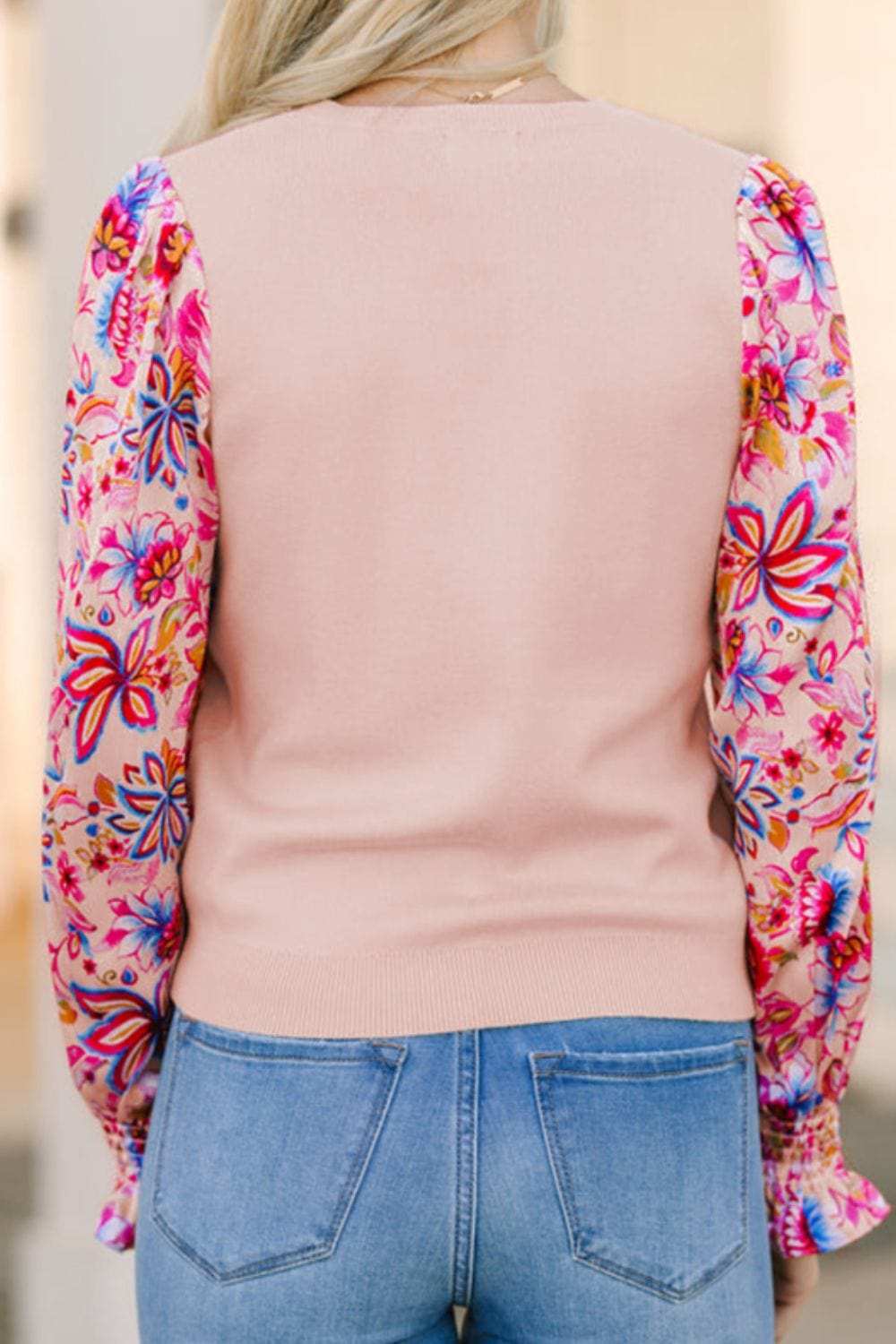 Printed Round Neck Flounce Sleeve Sweater - Trendsi - Flyclothing LLC