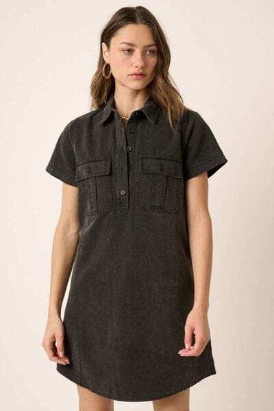 Mittoshop Button Detail Collared Neck Short Sleeve Shirt Dress - Trendsi - Flyclothing LLC