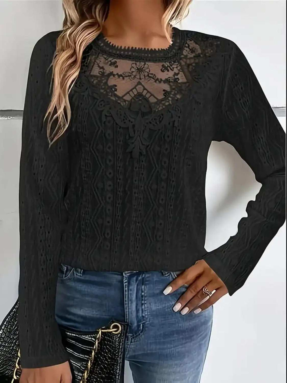 Lace Eyelet Long Sleeve Top - Trendsi - Flyclothing LLC