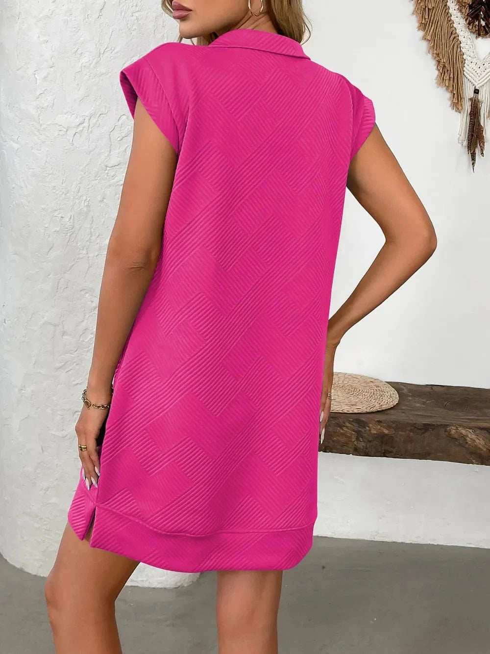 Texture Half Zip Cap Sleeve Mini Dress - Trendsi - Flyclothing LLC