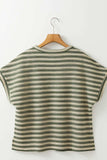 Stripe Textured Side Slit Crew Neck T-Shirt - Trendsi - Flyclothing LLC