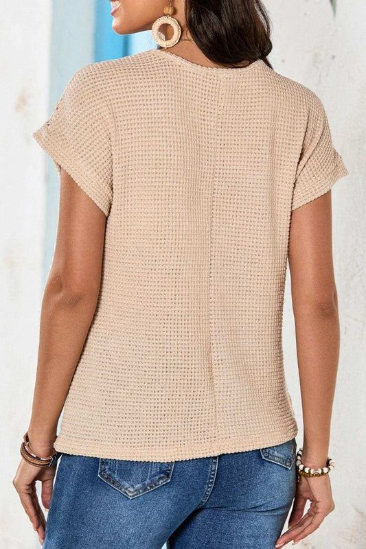 Lace Patchwork Waffle Short Sleeve Knit Top - Trendsi - Flyclothing LLC