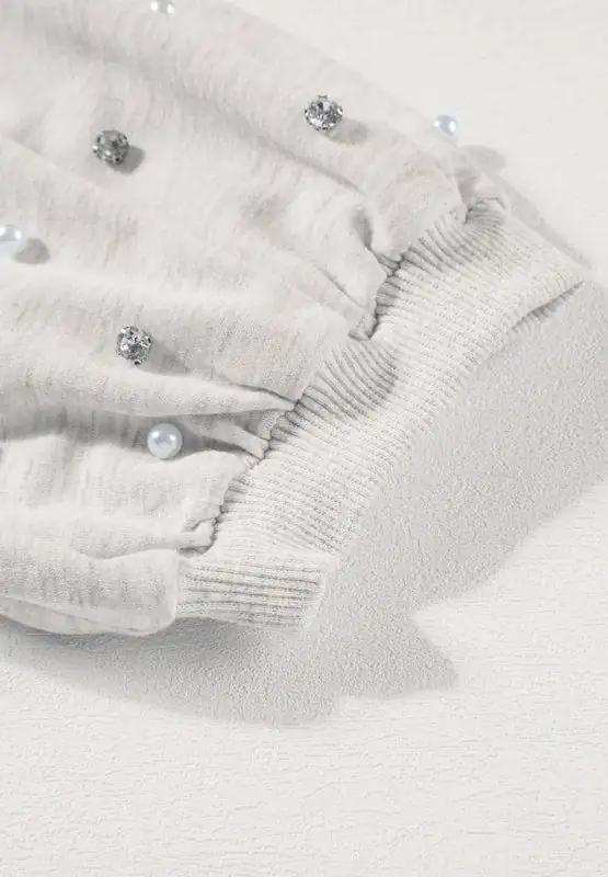 Rhinestone Pearl Detail Round Neck Puff Sleeve Top - Trendsi - Flyclothing LLC