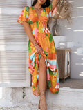 Devine Smocked Printed V-Neck Short Sleeve Maxi Dress - Trendsi - Flyclothing LLC