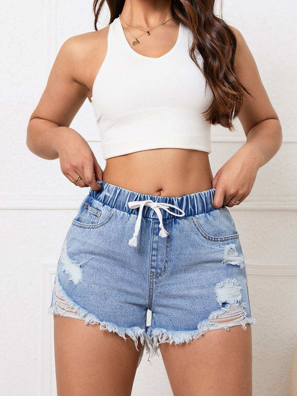 Distressed Drawstring Raw Hem Denim Shorts - Trendsi - Flyclothing LLC