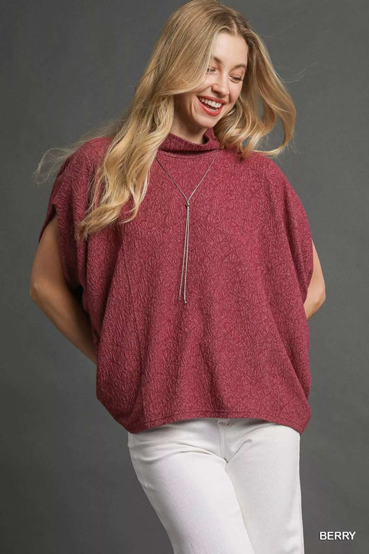 Umgee Textured Mock Neck Relaxed Top - Trendsi - Flyclothing LLC