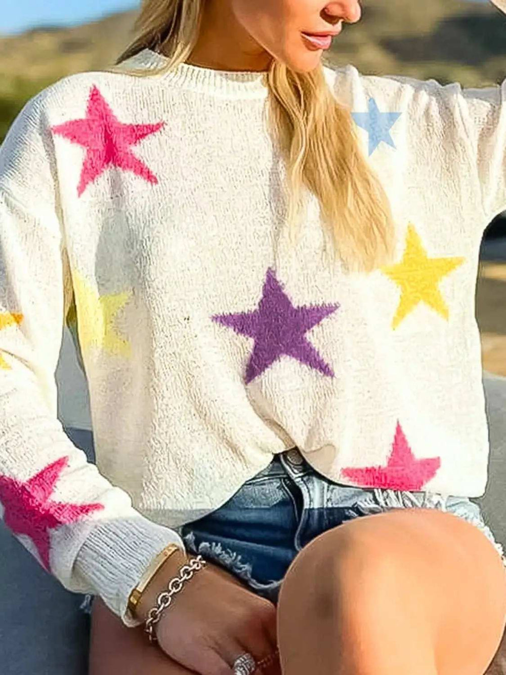 Contrast Star Round Neck Sweater - Trendsi - Flyclothing LLC