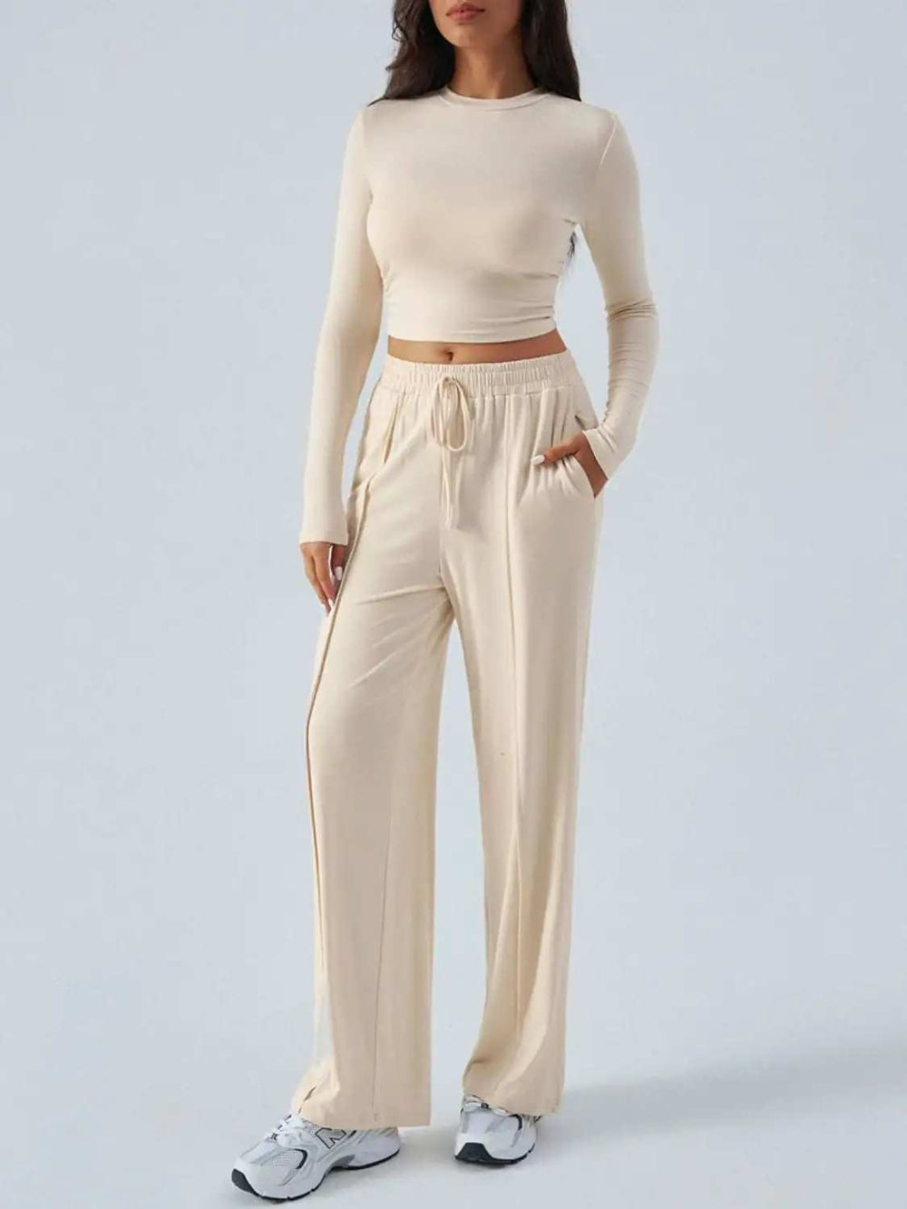 Devine Round Neck Long Sleeve Top and Pants Set - Trendsi - Flyclothing LLC