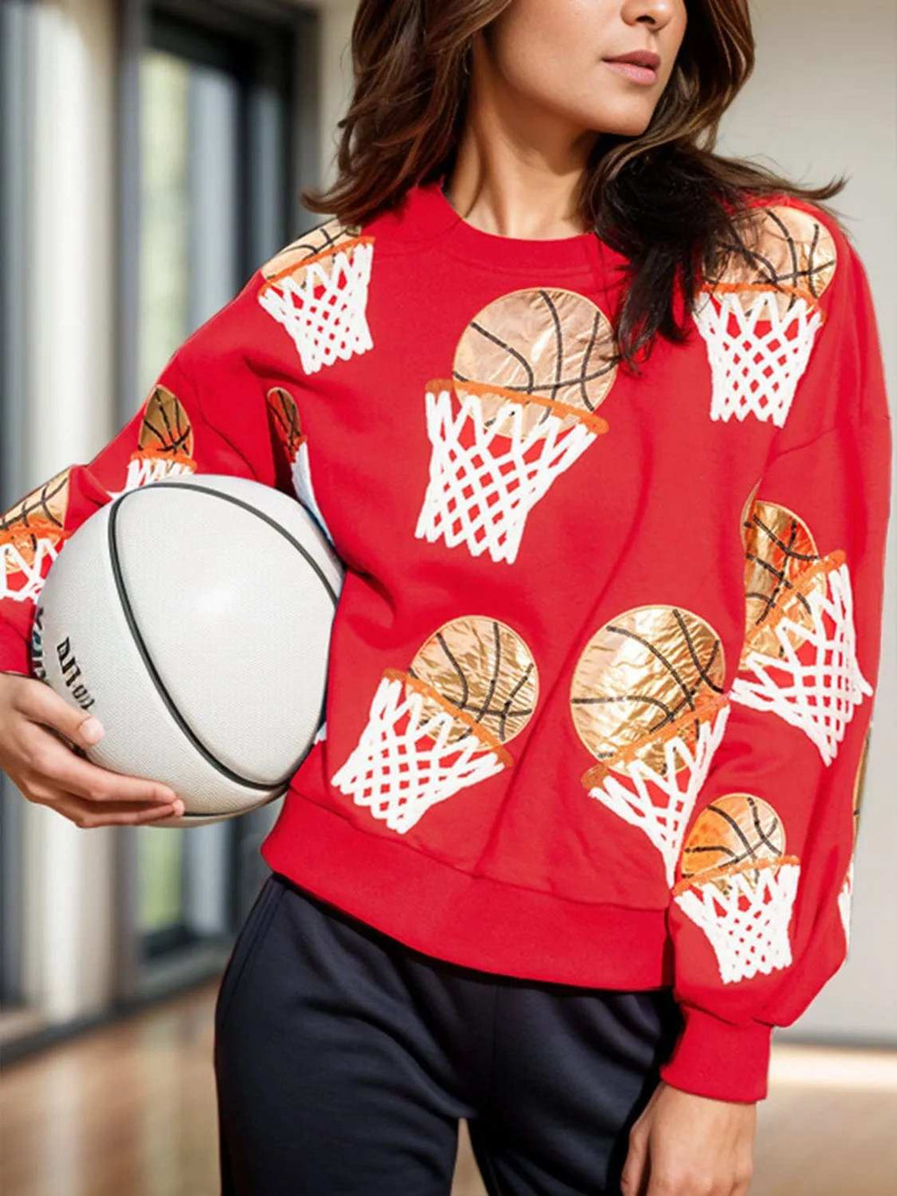 Basketball Round Neck Long Sleeve Sweatshirt - Trendsi - Flyclothing LLC