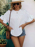 Slit Polka Dot Round Neck Half Sleeve Blouse - Trendsi - Flyclothing LLC