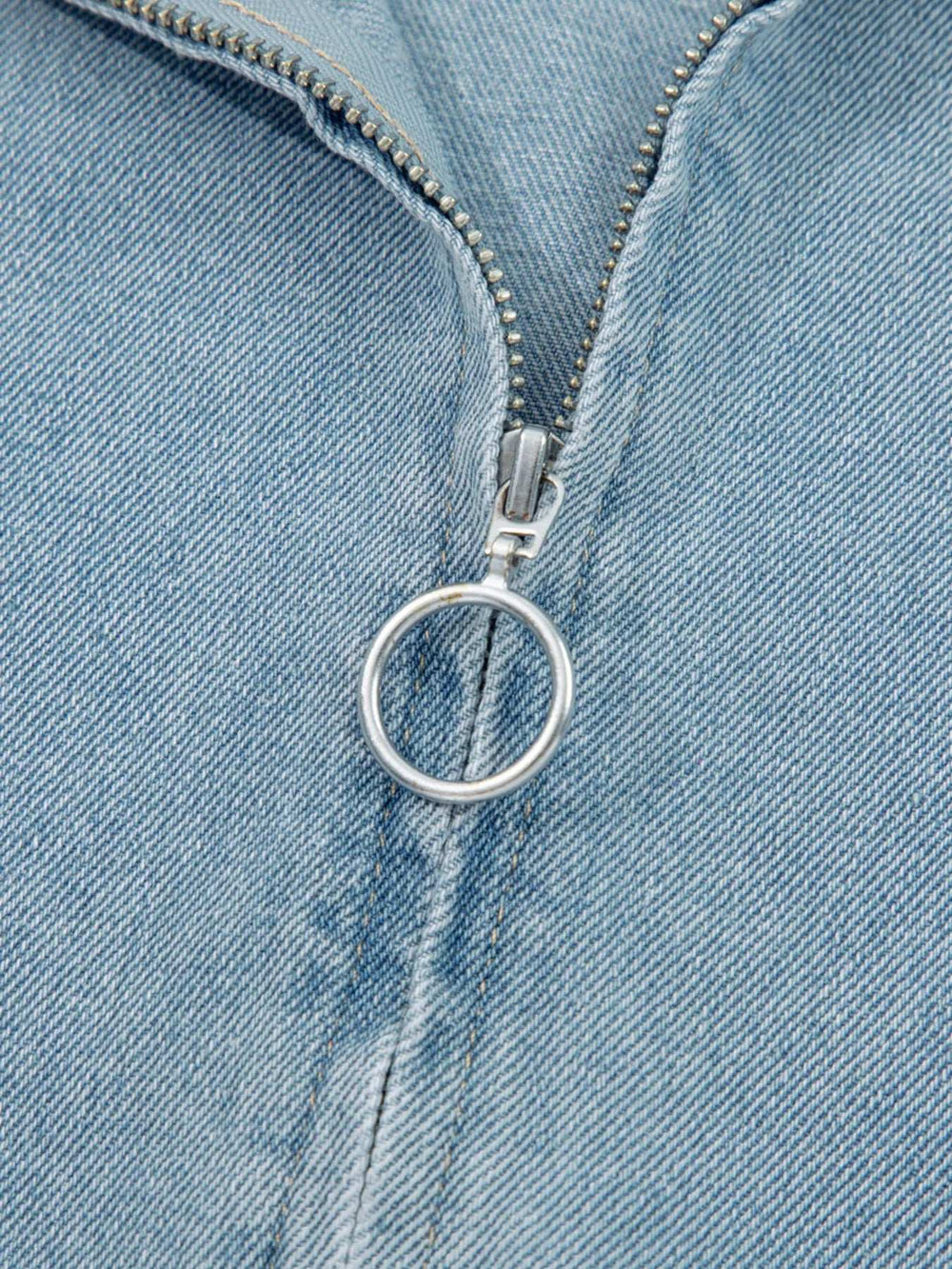 Elastic Edge Collared Zip Up Denim Jacket With Pocket - Trendsi - Flyclothing LLC