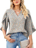 Printed Notched Half Sleeve Blouse - Trendsi - Flyclothing LLC