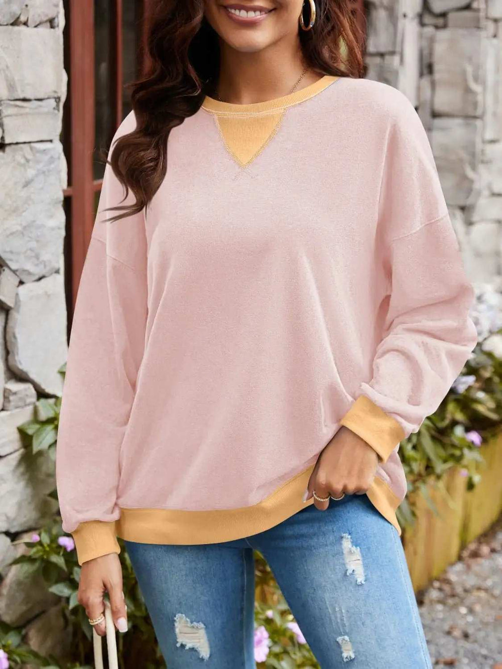 Contrast Round Neck Long Sleeve Sweatshirt - Trendsi - Flyclothing LLC