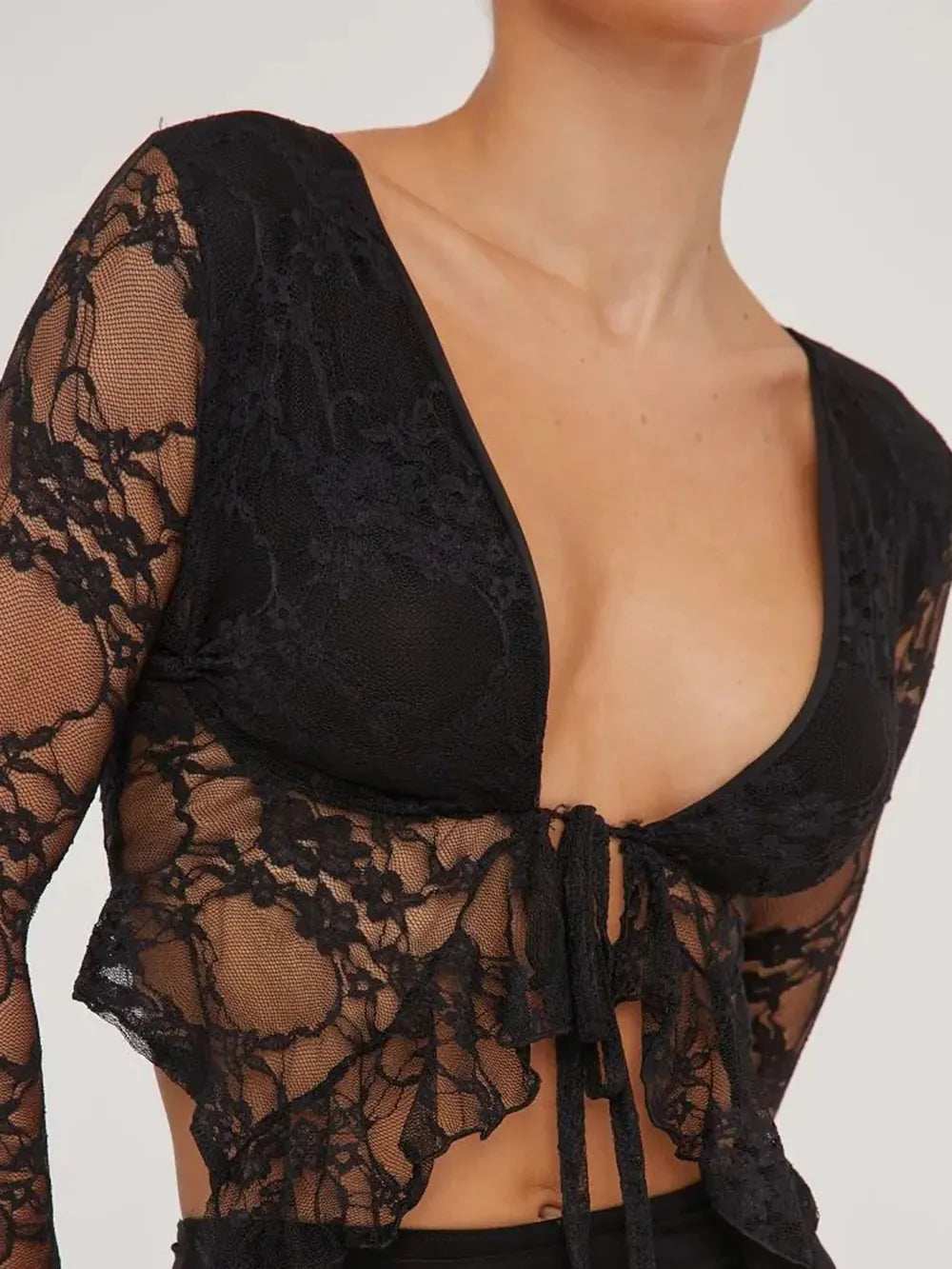Tied Plunge Long Sleeve Lace Cropped Shirt - Trendsi - Flyclothing LLC