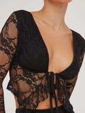 Tied Plunge Long Sleeve Lace Cropped Shirt - Trendsi - Flyclothing LLC