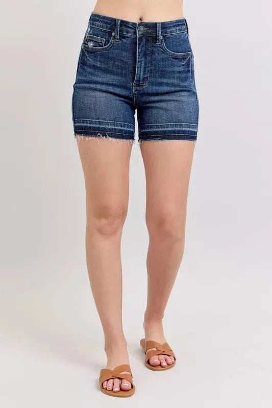 Judy Blue Full Size High Waist Tummy Control Destroy Release Hem Denim Shorts Plus Size - Trendsi - Flyclothing LLC