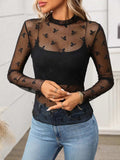 Floral Mock Neck Long Sleeve Mesh Top - Trendsi - Flyclothing LLC