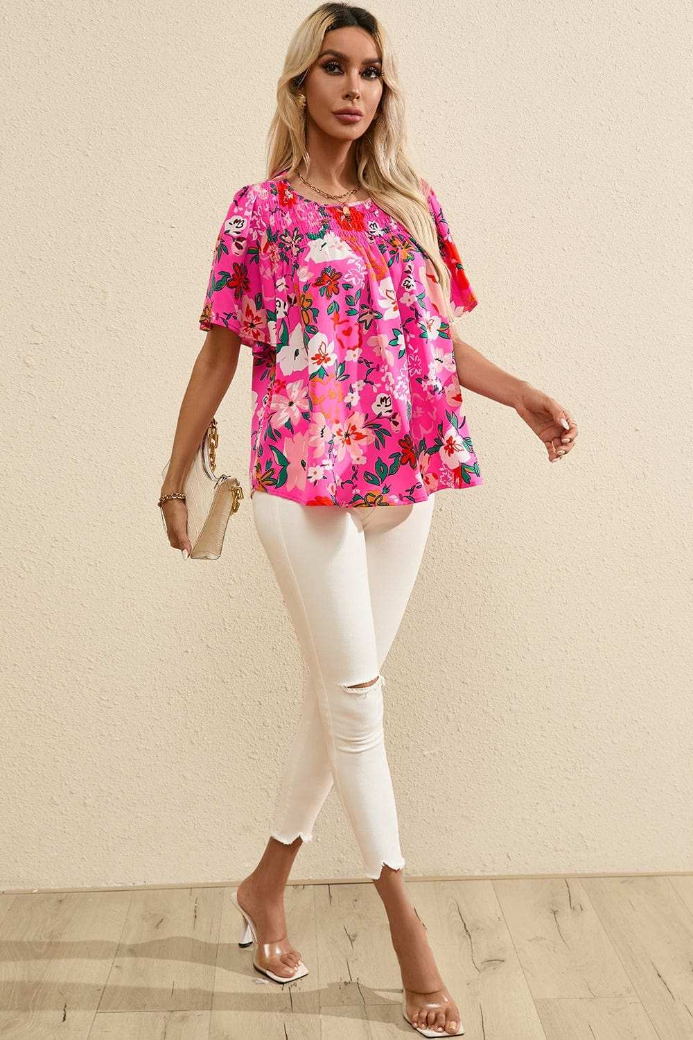 Smocked Printed Round Neck Half Sleeve Blouse - Trendsi - Flyclothing LLC