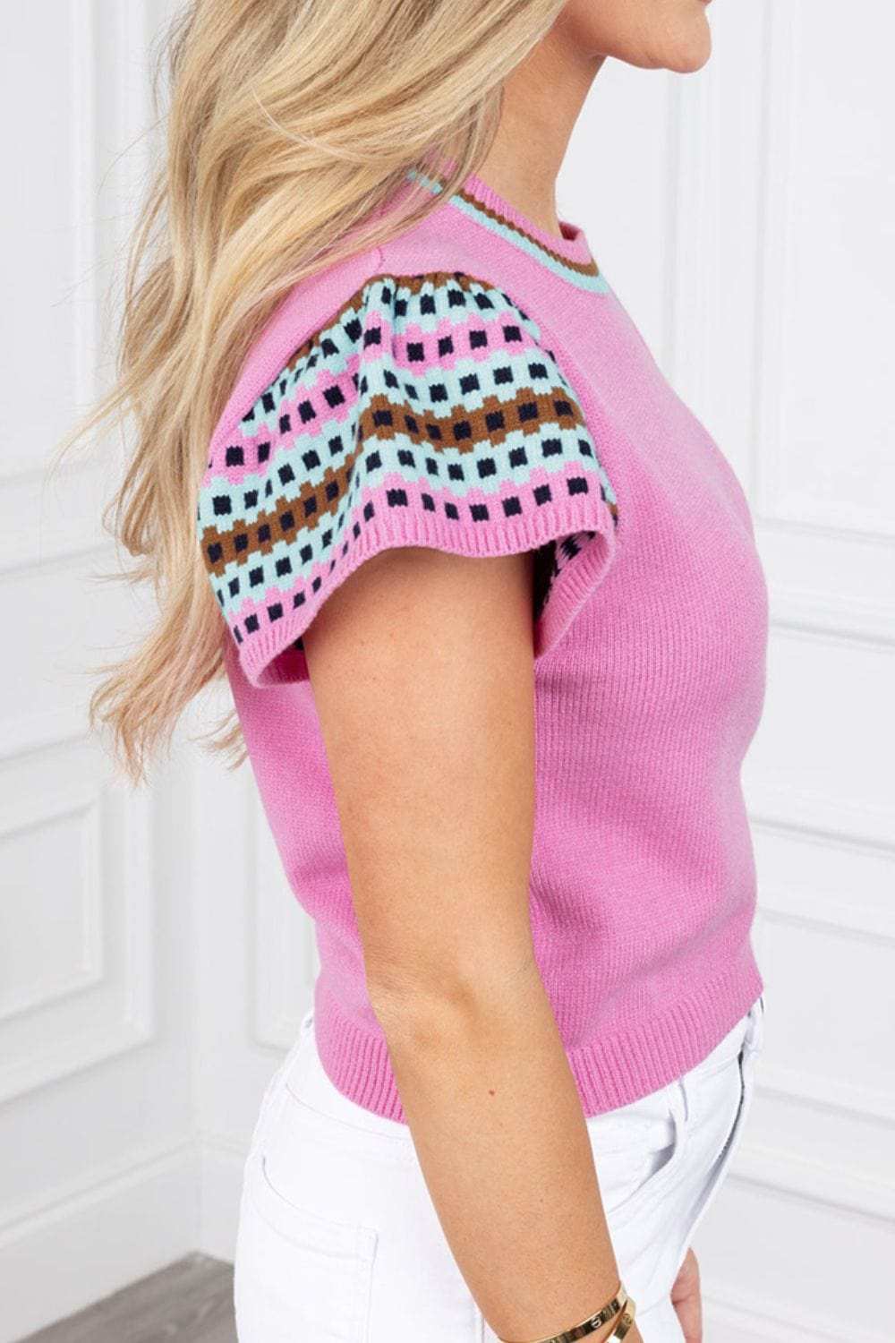 Contrast Short Sleeves Round Neck Sweater - Trendsi - Flyclothing LLC