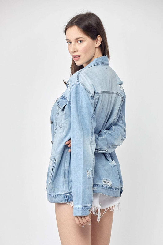 RISEN Full Size Distressed Long Sleeve Denim Jacket - Trendsi - Flyclothing LLC