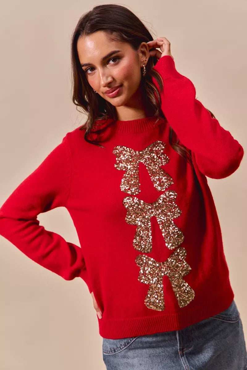 SO ME Sequins Bow Ribbon Embellished Christmas Sweater - Trendsi - Flyclothing LLC