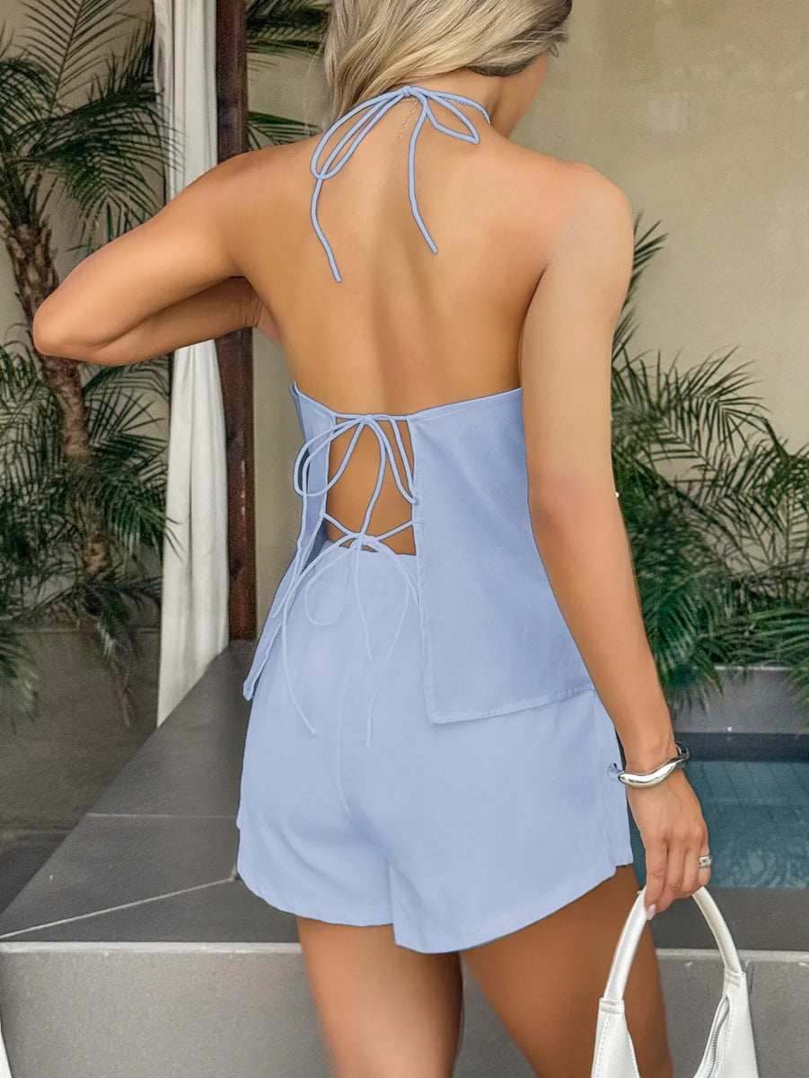 Tied Front Halter Neck Cami and Shorts Set - Trendsi - Flyclothing LLC