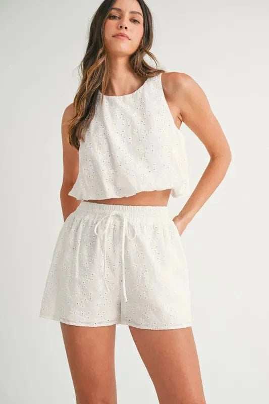MABLE Eyelet Bubble Hem Sleeveless Top and Shorts Set - Trendsi - Flyclothing LLC