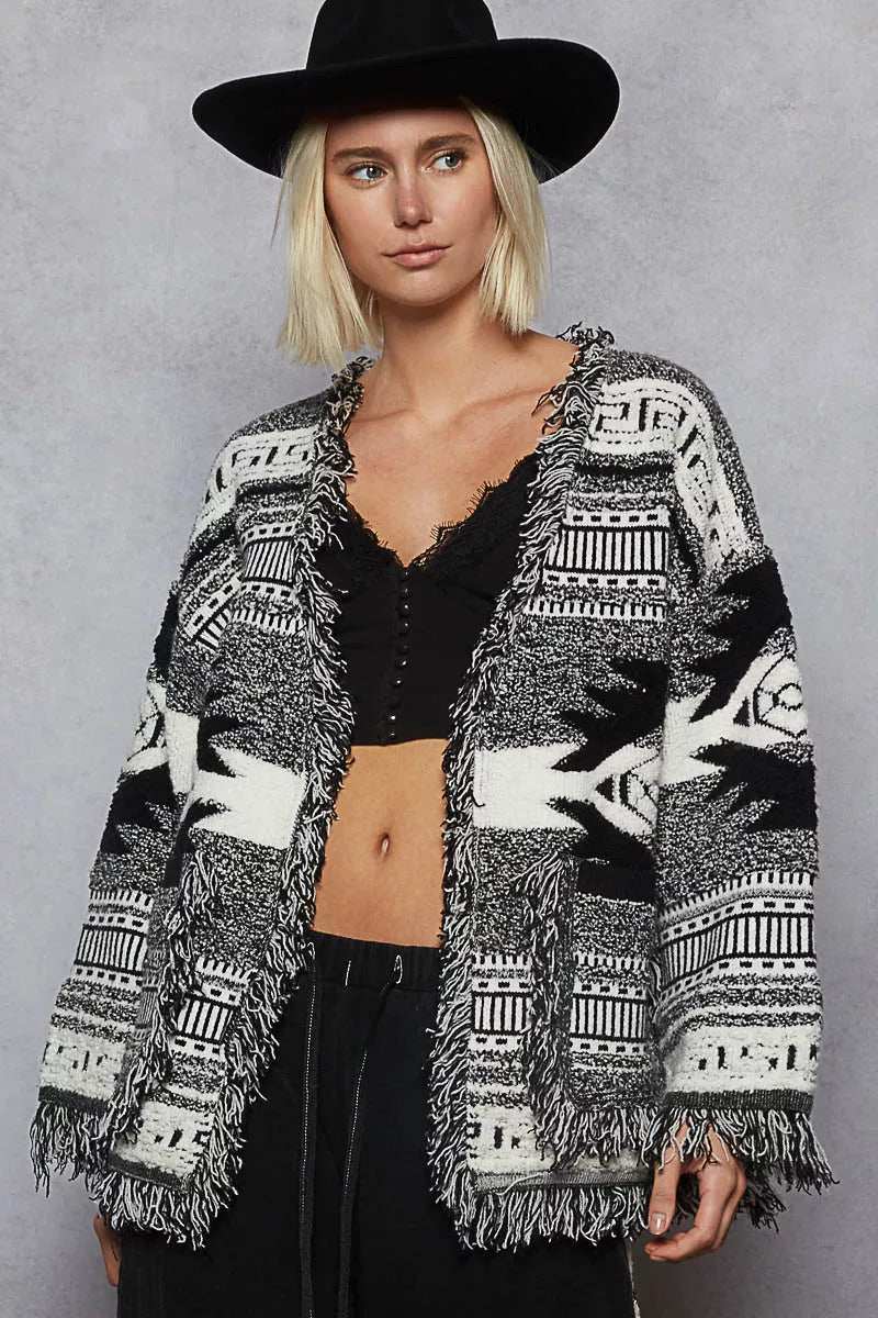 POL Open Front Geometric Print Cardigan with Fringe Detail - Trendsi - Flyclothing LLC
