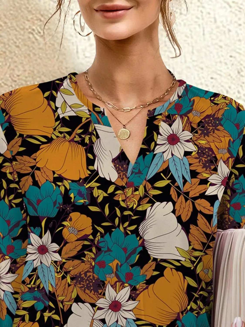 FAM-FAM Printed Notched Long Sleeve Blouse - Trendsi - Flyclothing LLC