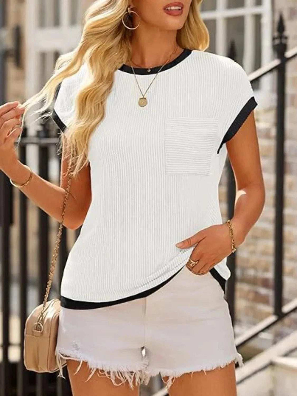 Contrast Trim Round Neck Cap Sleeve Top - Trendsi - Flyclothing LLC