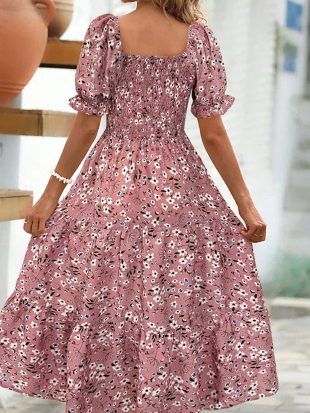 Floral Square Neck Short Sleeve Tiered Dress - Trendsi - Flyclothing LLC
