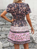 Printed V-Neck Short Sleeve Mini Dress - Trendsi - Flyclothing LLC