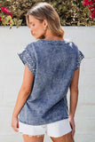 Pearl Trim Round Neck Cap Sleeve Denim Top - Trendsi - Flyclothing LLC
