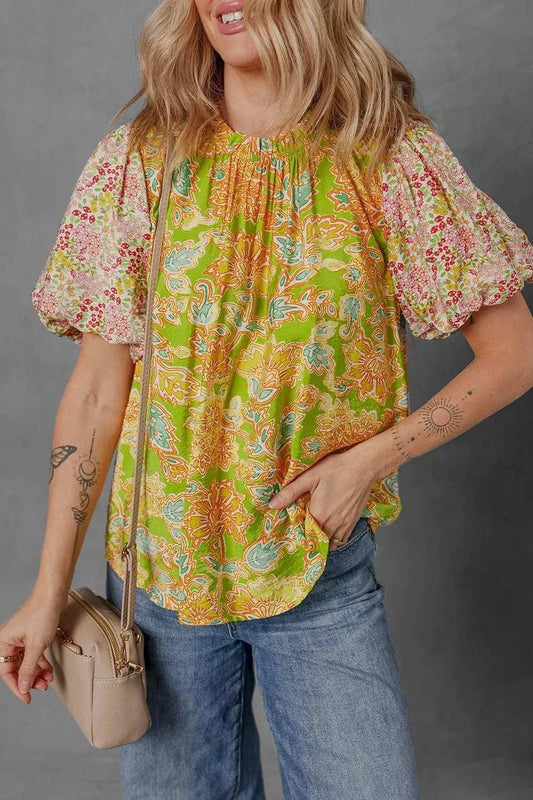 Multicolour Printed Contrast Bubble Sleeve Patchwork Blouse - Trendsi - Flyclothing LLC