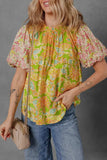 Multicolour Printed Contrast Bubble Sleeve Patchwork Blouse - Trendsi - Flyclothing LLC
