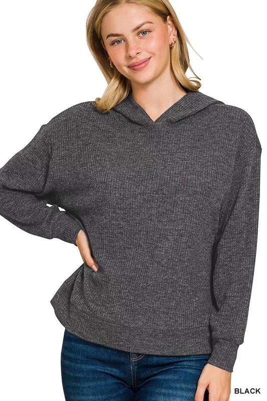 Zenana Ribbed Long Sleeve Hoodie - Trendsi - Flyclothing LLC
