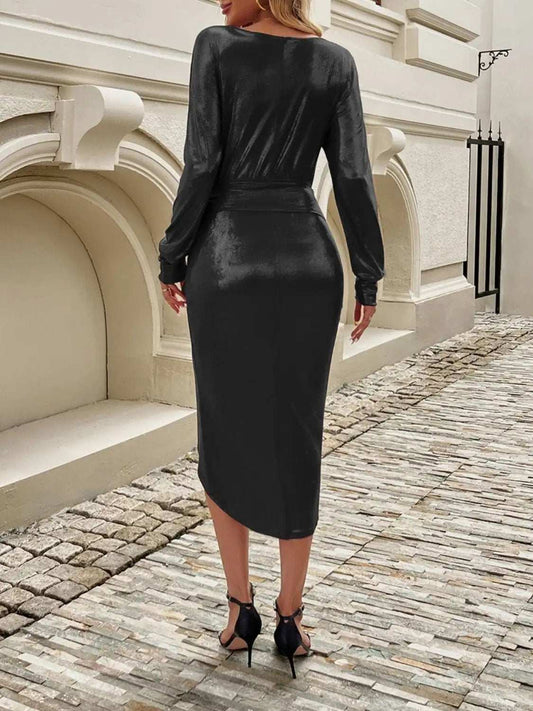 Devine Tied Boat Neck Long Sleeve Dress - Trendsi - Flyclothing LLC