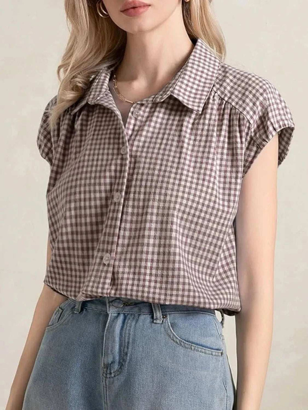 Plaid Button Up Cap Sleeve Shirt - Trendsi - Flyclothing LLC